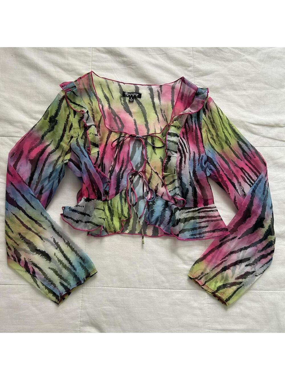 Generation Kiss rainbow zebra mesh top with tie front and ruffle details